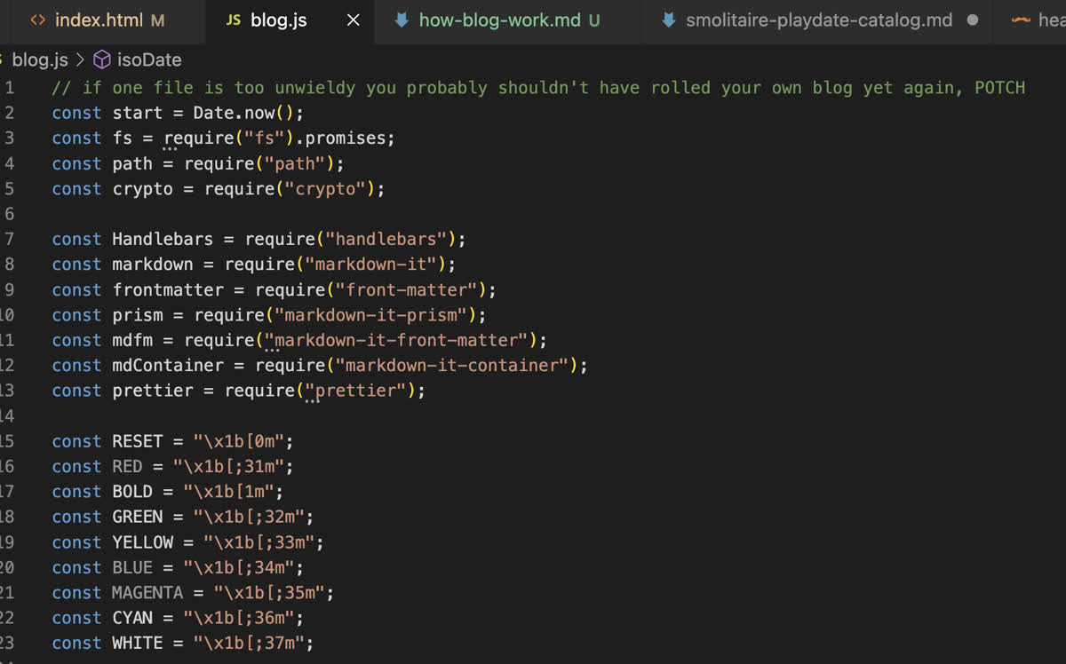 A screenshot of my site generator code with admonishment to myself in a comment about making my own site generator